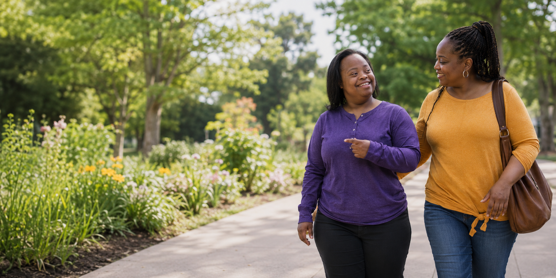 A Black adult with an intellectual disability walking and making choices in the community alongside a support professional