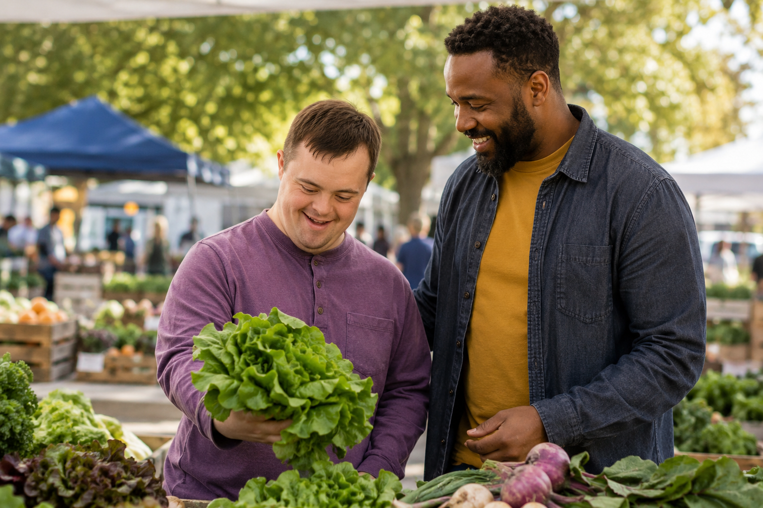 A Caucasian adult with an intellectual disability selecting produce alongside a Black support professional